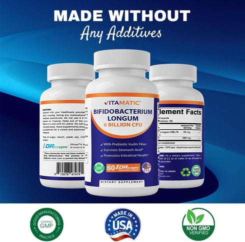Vitamatic Bifidobacterium Longum, 6 Billion CFU per DR Capsule, 60 Count, Intestinal Health Support
