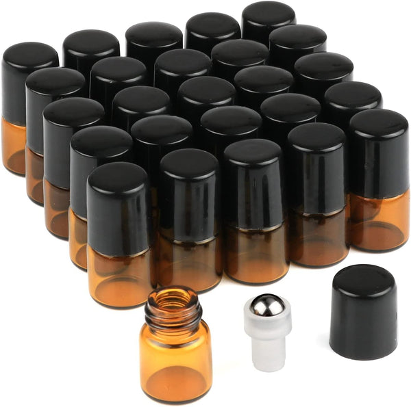 Wresty 25 Pcs Essential Oil Glass Roller Bottles, Mini Refillable Amber Glass Roll On Bottles (1ml)