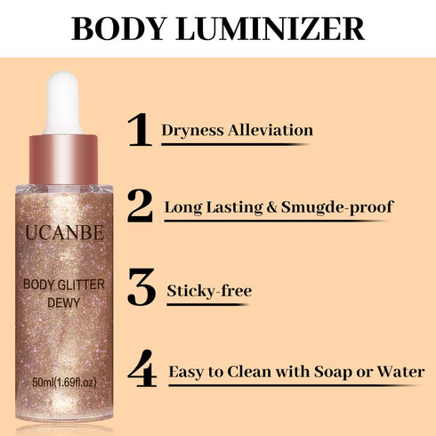 UCANBE Hydrating Body Glitter Dewy Highlighter Makeup Luminizer Drops Body Shimmer Liquid Face Glow Sparkles for Women Gifts (Rose Gold #03)