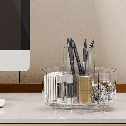 LINFIDITE 360 Rotating Makeup Organizer, Clear Cosmetic Storage Holder Tray with 6 Compartments for Bathroom, Vanity