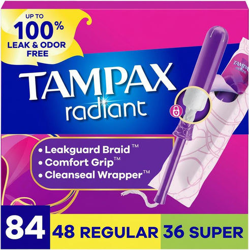 Tampax Radiant Tampons for Women Multipack, with LeakGuard Braid, Regular/Super Absorbency, Unscented,