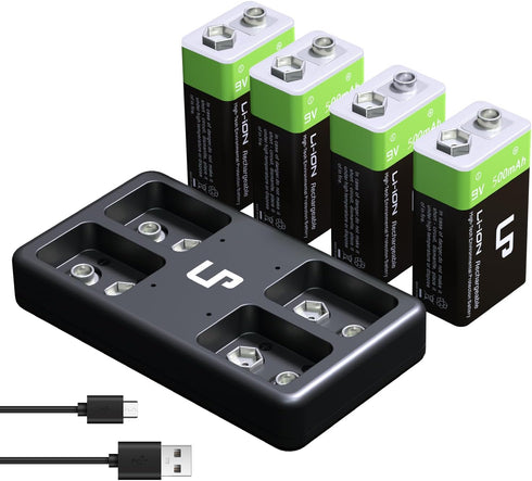 LP 9V Rechargeable Lithium Batteries, 4 Pack 500mAh 9V Battery with Micro USB