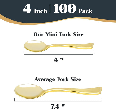 Kucoele 4 Inches Gold Mini Plastic Spoons, 100 Pack Disposable Small Dessert Spoons Heavy Duty Tiny Tasting Spoons for Appetizers, Puddings, Ice Creams