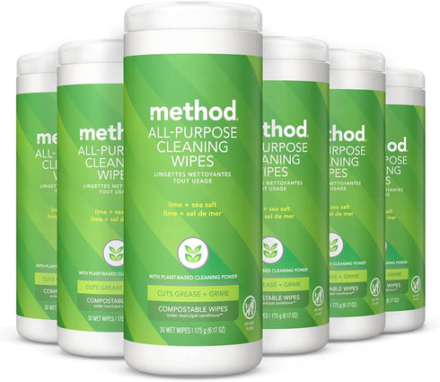Method All-Purpose Cleaning Wipes, Lime + Sea Salt, Multi-Surface, Compostable, 30 Count (Pack of 6)