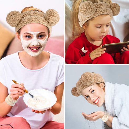 AHONEY Spa Bear Ears Headband, Cute Makeup Skincare Headbands and Wristband Set for Washing Face, Elastic Fluffy
