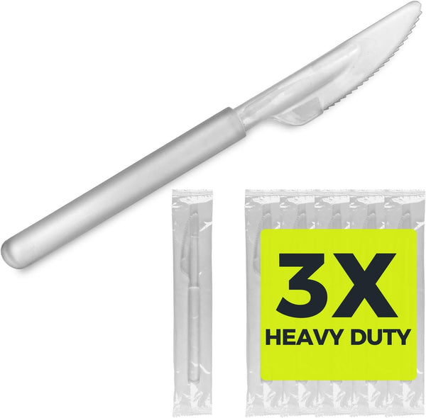 100 Pack Heavy Duty Plastic Clear Knives, Disposable Individually Wrapped, Sturdy Like Silverware, Perfect for Catering