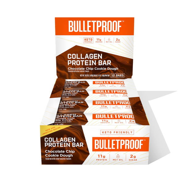 Bulletproof Chocolate Chip Cookie Dough Collagen Protein Bars, Pack of 12 Keto-Friendly Snack
