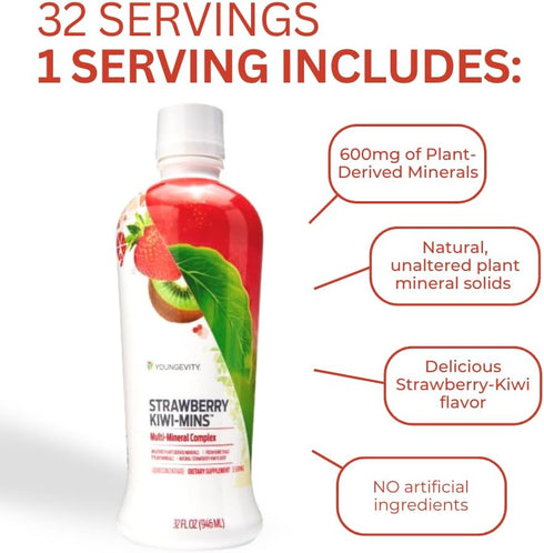 Youngevity Strawberry Kiwi-Mins Plant Derived Multi-Mineral Complex, 32oz, Kid Friendly Taste