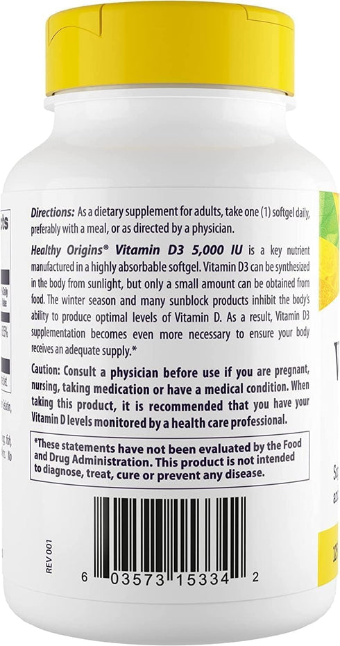 Healthy Origins Vitamin D3, 5,000 IU, 120 Softgels, Non-GMO, Bone and Immune Support