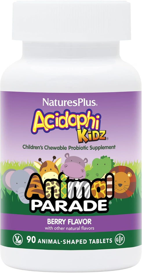 Natures Plus Animal Parade AcidophiKidz, Berry Flavor - 90 Chewable Tablets with Probiotics, FOS & Grape Seed