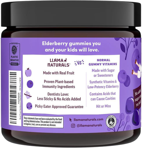 Llama Naturals Elderberry Gummies for Kids, Organic Vegan Immune Support Supplement, 60 Ct, Chewable, No Added Sugar