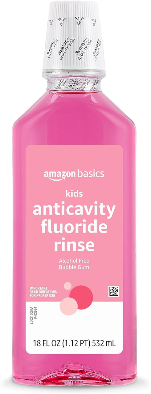 Amazon Basics Kids Anticavity Fluoride Rinse, Alcohol Free, Bubble Gum, 18 Fl Oz