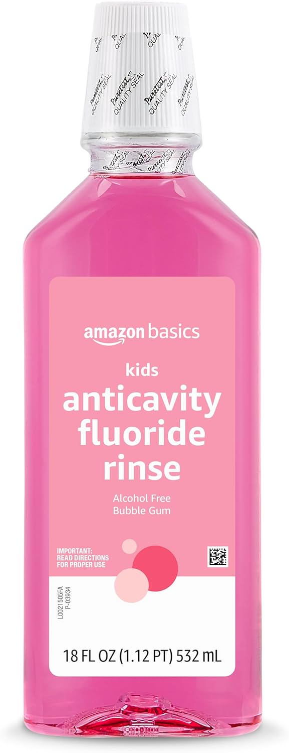Amazon Basics Kids Anticavity Fluoride Rinse, Alcohol Free, Bubble Gum, 18 Fl Oz
