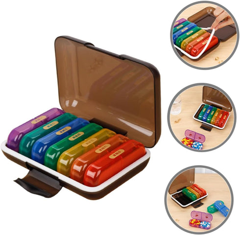 Ipetboom 7-Day Weekly Portable Pill Organizer Box, Multi-Compartment Medicine Case with Colorful Lids and Black Shell