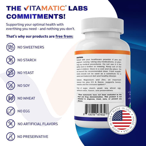 Vitamatic Calcium Magnesium Zinc D3 Boron | 365 Coated Tablets Supplement | Calcium 1200 mg, Magnesium 420mg, Zinc