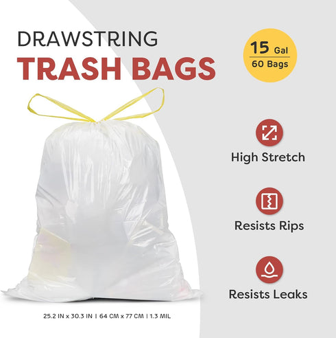Holuwiso 15 1.3 25.2 30.3 Inches 60 Count Gallon Trash Bags Drawstring, Mil Ultra Thick High Stretch Tall Kitchen