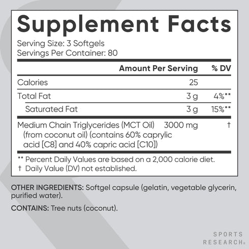 Sports Research Keto MCT Oil Capsules, Keto Fuel for Brain & Body, Derived from Non-GMO Coconuts (240 Softgels)
