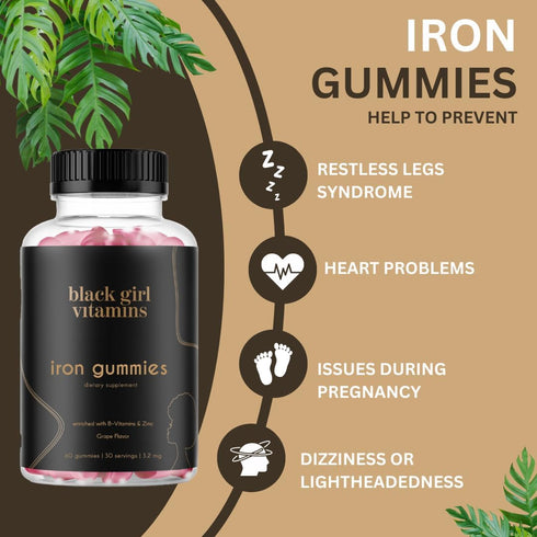 Black Girl Vitamins - Iron Gummies (20 mg), Supports Iron Deficiency & Anemia, Gluten-Free, Gelatin Free, Made in The USA (Grape, 60 Count) 30 Day Supply