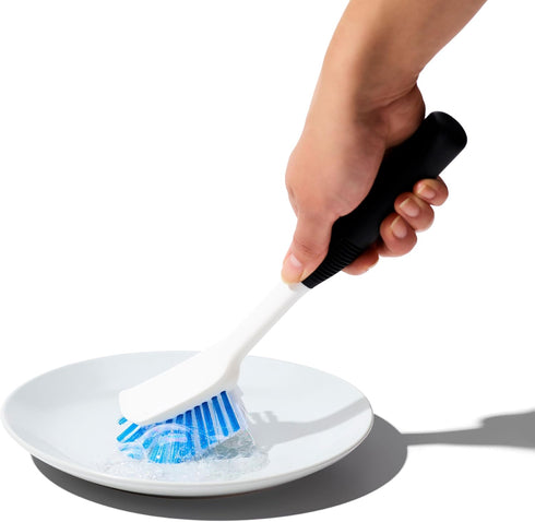 OXO Good Grips Dish Brush, Nylon Bristles with Built-in Scraper, Safe for Non-Stick Cookware, Non-Slip Handle