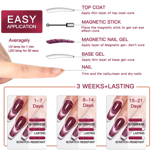 MEET ACROSS 9D Cat Eye Gel Nail Polish Set - 6 Colors Soak Off UV LED Light Magnetic Gel Kit with Free Magnet Stick