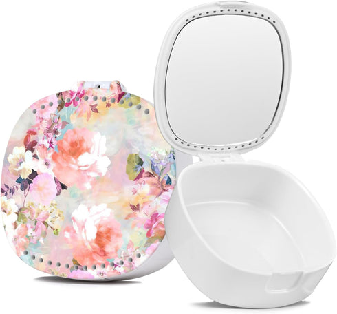 Retainer Case with Mirror, Mouth Guard Case, Orthodontic Aligner Case with Ventilation Holes, Pink Flower