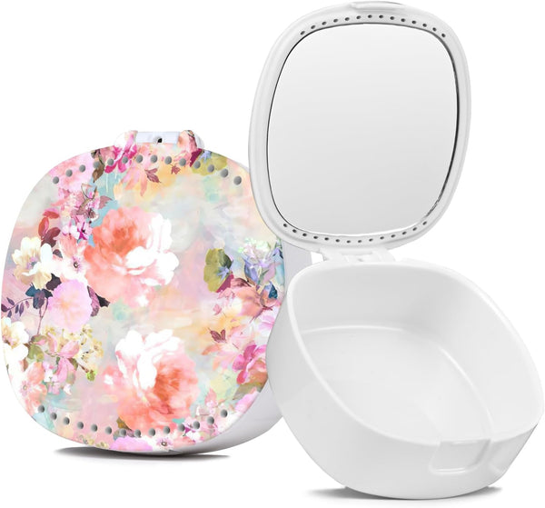 Retainer Case with Mirror, Mouth Guard Case, Orthodontic Aligner Case with Ventilation Holes, Pink Flower