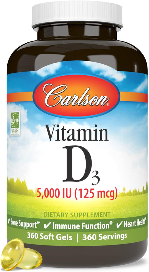 Carlson Vitamin D3 5000 IU (125 mcg), 360 Softgels - Bone & Muscle Health, Cholecalciferol, Vitamin D Supplements