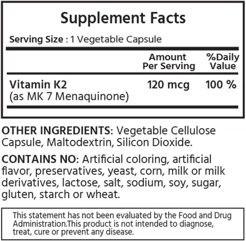 Natural Vitamin K2 MK-7 120 mcg 120 Vegetable Capsules. Supports Bone & Heart Health, Helps Promote Vascular Health.
