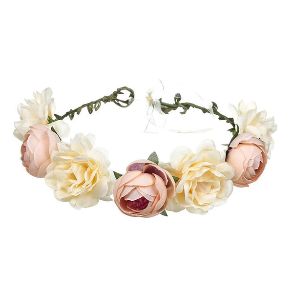 June Bloomy Women Rose Floral Crown Hair Wreath Leave Headband with Adjustable Ribbon (Champagne)