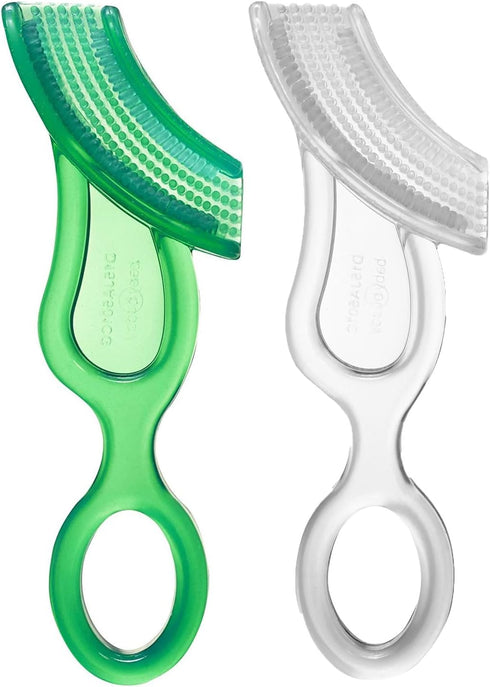 Brilliant Oral Care Baby’s First Toothbrush, Smooth Silicone Bristles for Ages 4+ Months, Green + Clear, 2 Pack