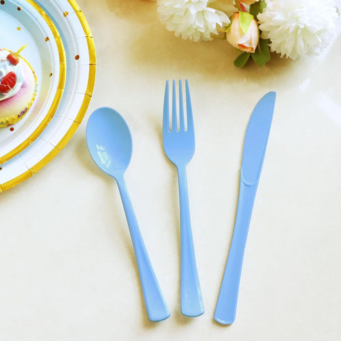 150 Pack Light Blue Plastic Silverware, Heavy Duty Utensils, 50 Forks, 50 Knives, 50 Spoons for Birthday Wedding Baby