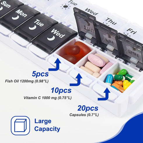 Package 2 7 HRX Pill Organizer Times a Day, Easy Fill & Open Weekly Medicine Box Vitamin Cases for Day AM PM