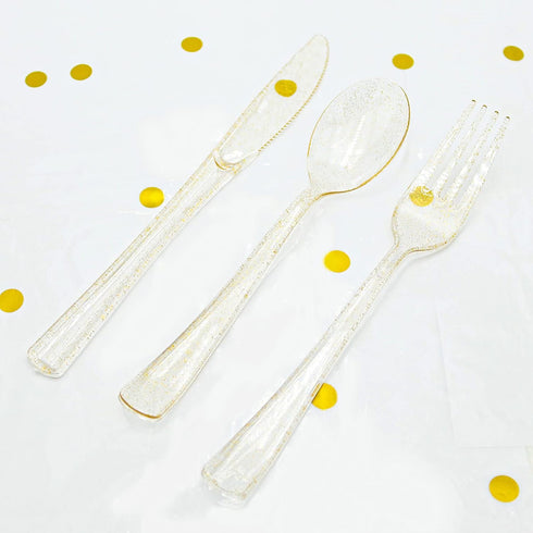 180PCS Gold Plastic Silverware Set, Disposable Glitter Gold Cutlery, 60 Gold Forks, 60 Gold Spoons, 60 Gold Knives,