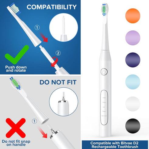 Replacement Toothbrush Heads 10 Pack for Bitvae Daily D2 Rechargeable Toothbrush, White Refills