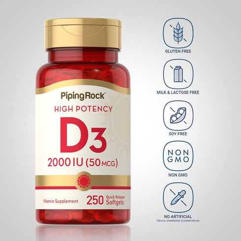 Piping Rock Vitamin D3 2000 IU | 250 Softgels | High Potency Cholecalciferol Supplement, Non-GMO & Gluten Free