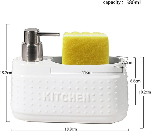 White Ceramic Dish Detergent Dispenser for Kitchen Sink, 21 oz Large Capacity with Sponge Holder