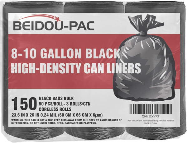 8-10 Gallon Trash Bags, 150 Count, Black Garbage Bags for Bathroom, Office, Industrial, Commercial, Recycling