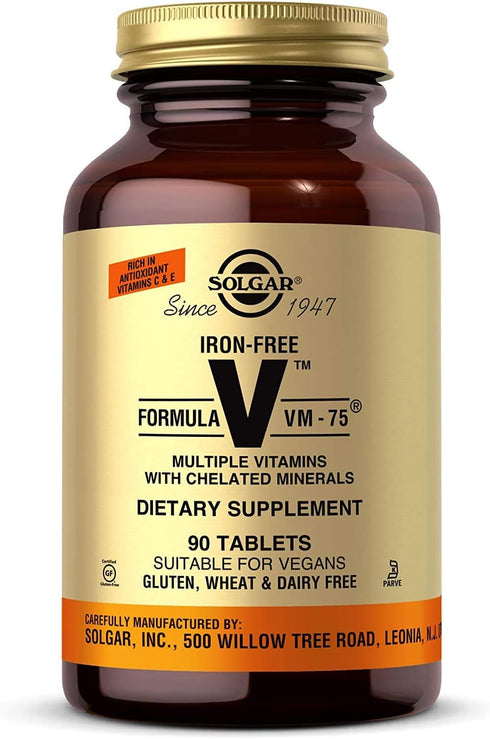 Solgar VM-75 Iron-Free Formula, 90 Tablets - Multivitamin with Chelated Minerals, Vegan, Gluten & Dairy Free