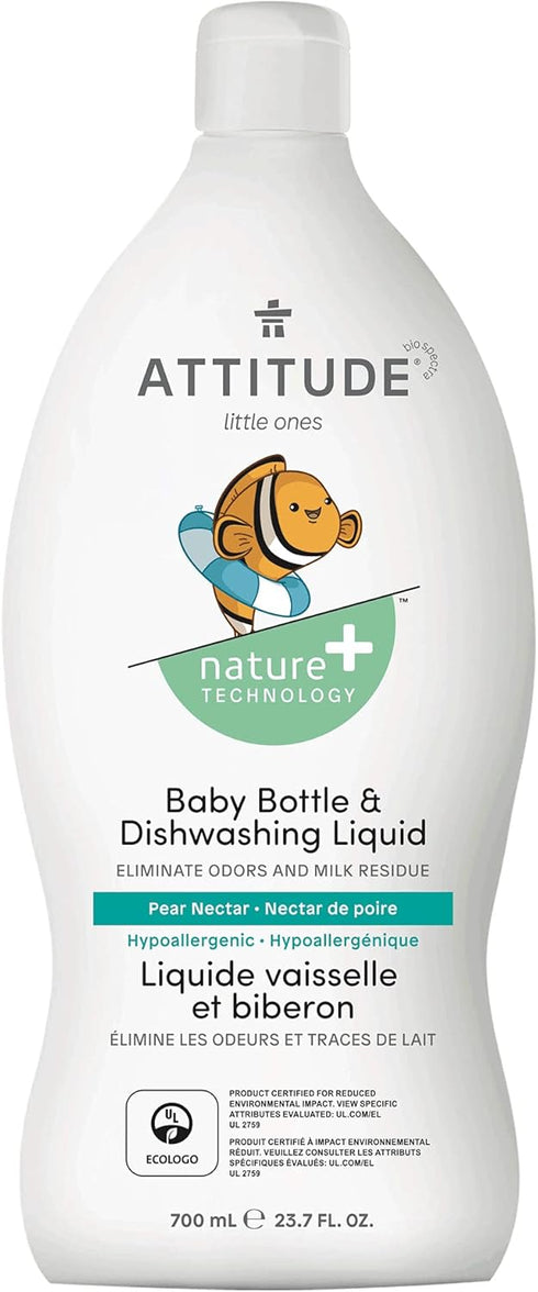 ATTITUDE Baby Dish Soap and Bottle Cleaner, EWG Verified, Vegan, Pear Nectar, 23.7 Fl Oz, No Added Dyes or Fragrances