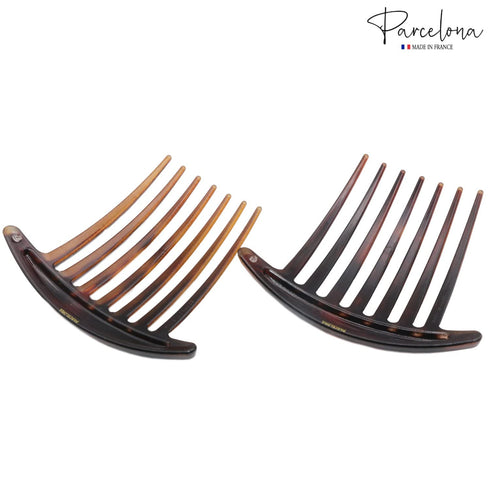Parcelona French Basic 7 Teeth Tortoise Shell Matte Large 4” Celluloid Set of 2 Side Hair Combs for Women and Girls