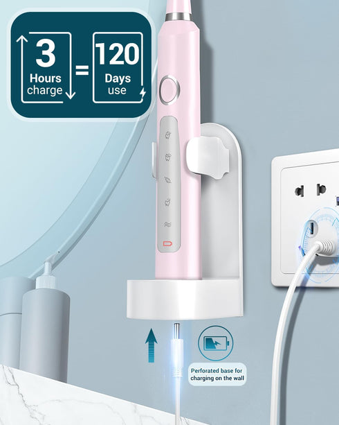 M5 Sonic Electric Toothbrush for Adults - Sakura Pink, Rechargeable with 8 Heads & Travel Case, 120 Days on 3 Hours
