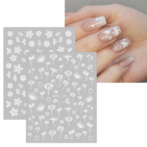 JMEOWIO 12 Sheets Spring White Flower Nail Art Stickers Decals for Summer Nail Design
