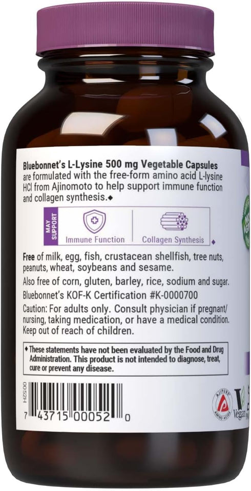 Bluebonnet L-Lysine 500 mg Vitamin Capsules, 50 Count