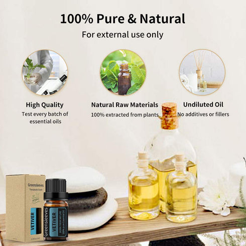 GREENSLEEVES Vetiver Essential Oil 10ml - Pure Organic Diffuser Oil for Massage