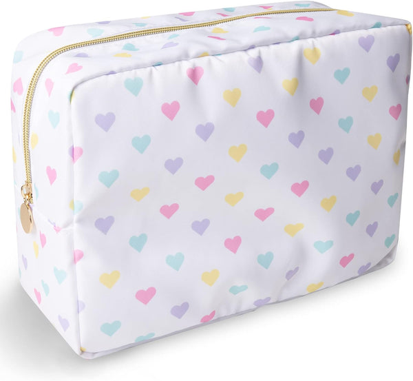 Nylon Large Makeup Bag, Travel Cosmetic Pouch, Waterproof Toiletry Bag for Women, Cute White-Heart Design