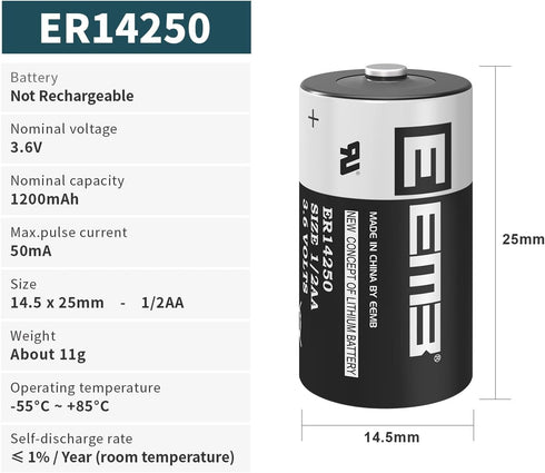 EEMB ER14250 1/2 AA 3.6V Lithium Battery, 1200mAh Lithium Thionyl Chloride, Non-Rechargeable Batteries for Home