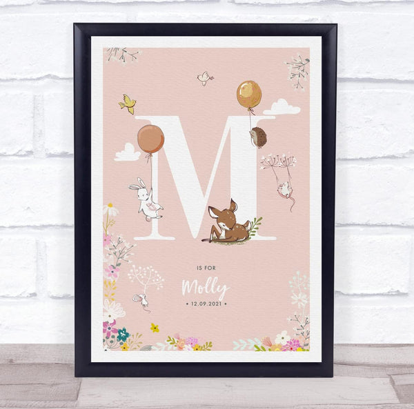 The Card Zoo Baby Birth Details Nursery Christening Woodland Animals Pink Initial M Print