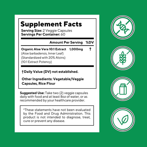 Organic Aloe Vera Capsules, 20% Aloins Supplement, Pure Inner Leaf Gel Concentrate, 120 Count