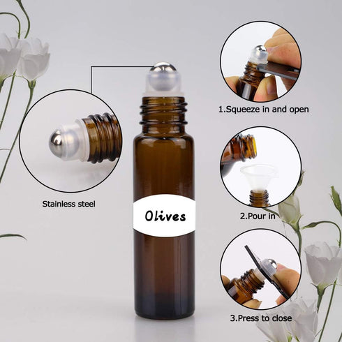 Sungwoo 12 Pack Essential Oil Roller Bottles, 10ml Amber Glass with Caps for Travel, Perfume