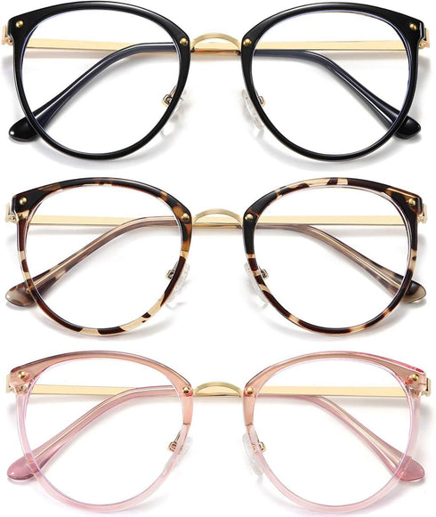 Blue Light Blocking Glasses (3 Pack) - Women and Men Computer Eyeglasses with Metal Frame (Black, Leopard, Pink)
